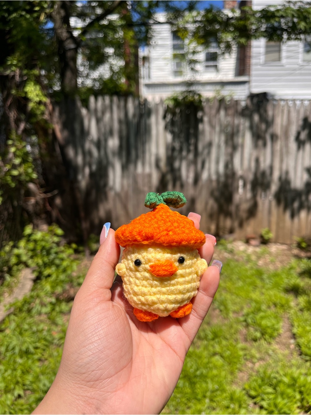 Handmade Yellow & Orange Crochet Chick Plush with Green Stem